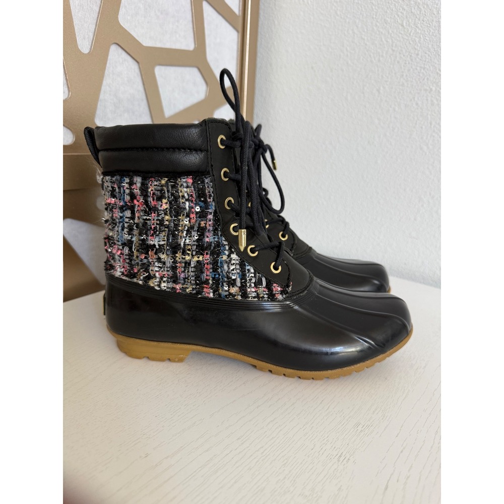 Sam Edelman Black Tweed Duck Boots Lace Up Rain Ankle Booties Gold Caldwell 6